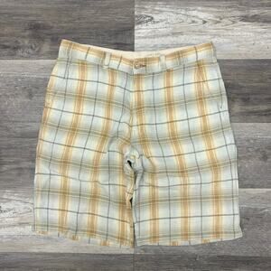 Tommy Bahama Shadow Plaid Brown Gray Men 33 Relax Linen Flat Front Casual Shorts